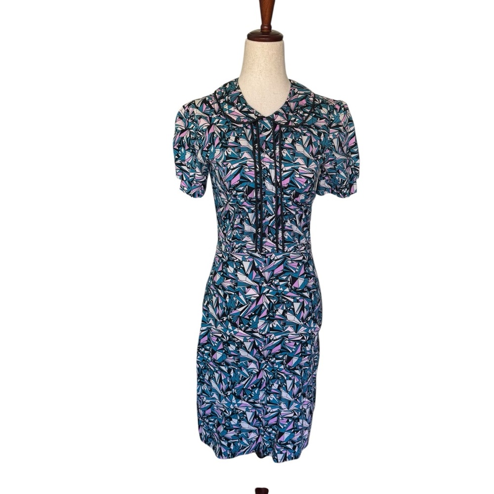 Nooworks Geometric Print Short Sleeve Peter Pan Collar Sheath Dress XS S
